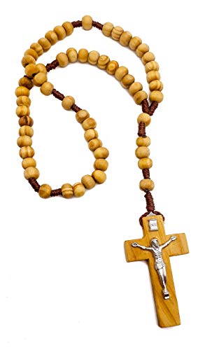 Nazareth Store unisex Chapelet en bois d'olivier de Jérusalem avec perles de prière catholique en bois avec cordon et pochette en velours, 1.7in x 0.8in x 10.6in, Bois