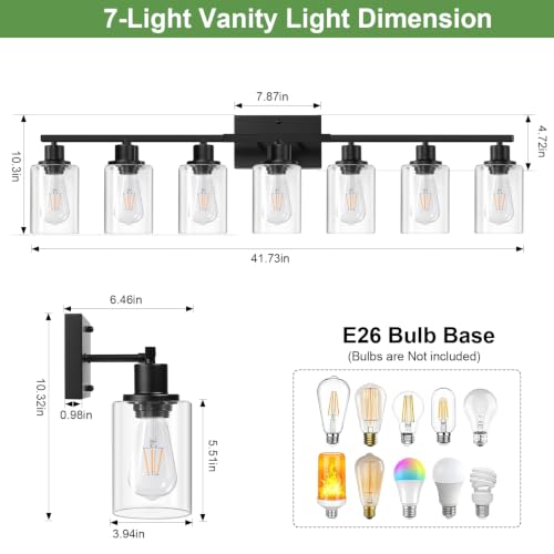 Image of MOKATNG 7-Light Bathroom Light Fixtures, Vanity Light with Clear Glass Shades, Matte Black Bathroom Light Fixtures Over Mirror, Modern Bathroom Wall Lamp for Mirror Living Room Cabinet Bedroom