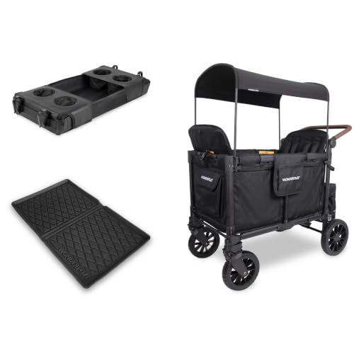 Image of Wonderfold W4 Luxe Pro Bundle - 4-Seater Stroller Wagon with All-Weather Mat and Flex Snack Tray, Safety-Certified with 5-Point Harnesses - Black