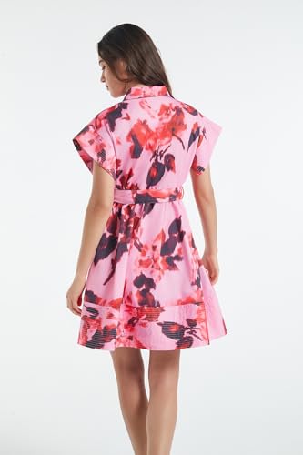 Image of D-Sun Women Button Down Shirt Dress V-Neck Floral Printed Short Sleeve Mini Dress Casual Belted Short Party with Pocket