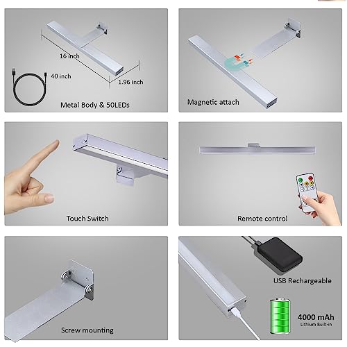 Image of Wierelss Picture Light,16inch Picture Light Battery Operated,Remote Control Painting Light with Timer and Dimmable, Full Metal Dartboard Light for Portrait,Display,Wall,Artwork,Gallery,Silver