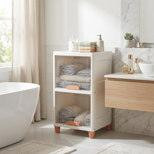Image of Ash & Roh 2-Tier White Multi-Layer Plastic Storage Cabinet with Transparent Flip Door | Space Saving Organizer for Kitchen, Bedroom, Office | Foldable Stackable Storage Unit with Legs