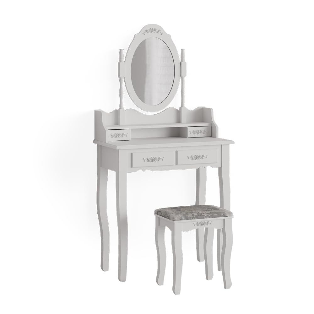 Vicco Tavolo da toeletta Meghan, Bianco, 75 cm | con sgabello, con sgabello e specchio ovale fissato in modo permanente