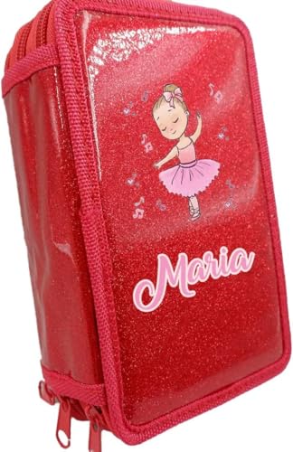 Astuccio Scuola per Personalizzato con Nome Zip Completo di 33 Pezzi Ballerina portatutto Portapastelli Colorato di Penne Pastelli Pennarelli Righello Temperino Gomma Taccuino bambina