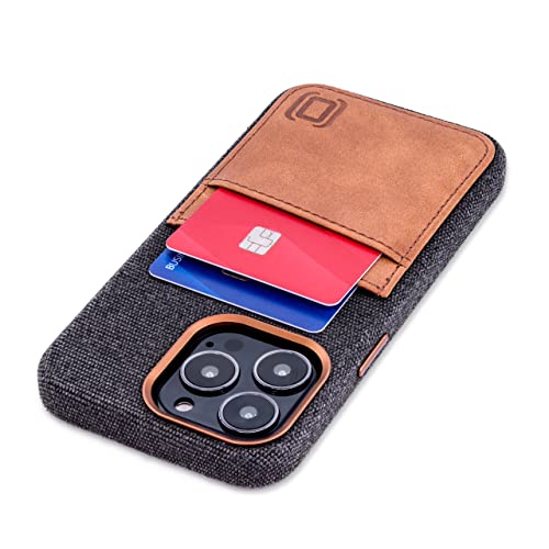 Image of Dockem Fabric Card Case for iPhone 13 Pro with Built-in Metal Plate for Magnetic Mounting, Stitched-on Genuine Leather Wallet with 2 Credit Card /ID Slots: M2F 6.1 inch Pro [Grey w /Light Brown]