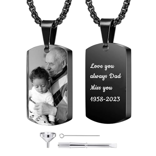 Personalized Urn Necklaces for Ashes Stainless Steel Dog Tag Ashes Necklace Custom Engraving Photo for Men Women Boy Girl Memorial Keepsake cremation Jewelry