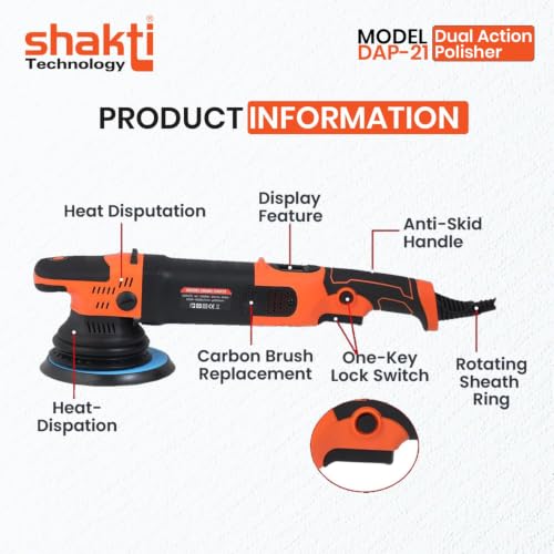 Image of Shakti Technology DAP-21 Dual Action Polisher 1000W Electric Car Polisher 21MM Orbit with D-Handle 2000-4500 RPM with 150MM(6Inch) Wheel Size, Disk Ideal for Cars (Digital Display Function)