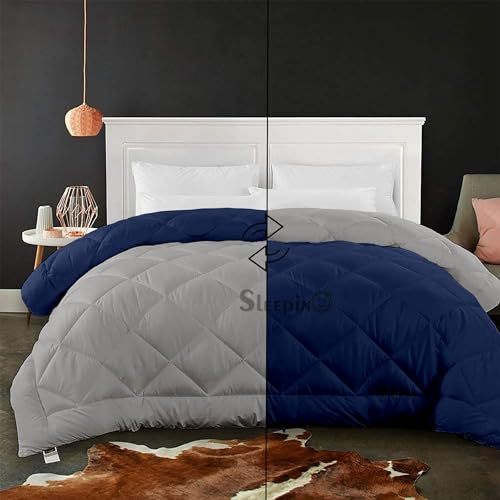 Image of 600 GSM Heavy Winter Double Bed Comforter | Microfiber, Breathable, Reversible,Soft, Lightweight & Machine Washable Comforter for Double Bed 90x100 Inch - Navy BlueSilver