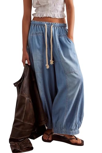 D-Sun Women Casual Wide Leg Jeans Pull On Drawstring Loose Barrel