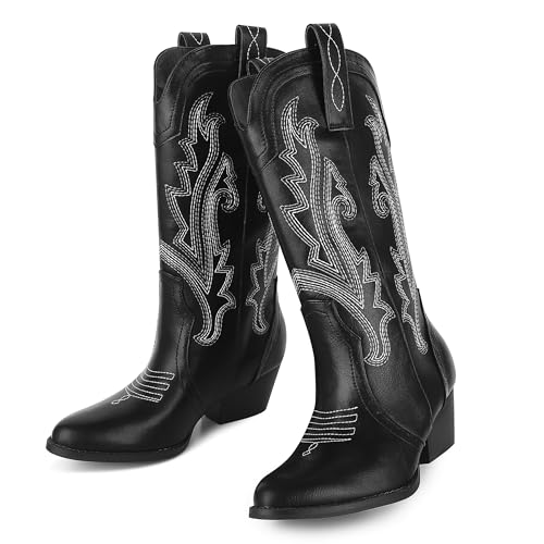 Image of AOSPHIRAYLIAN Cowboy Boots for Women Retro Pointed Toe Pull On Block Chunky Heel Glitter Sparkly Metallic Embroidecamel Country Concert Outfits Calf Western Cowgirl Boots