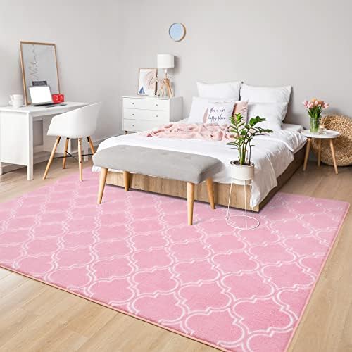 Chicrug Shag Geometric Modern Area Rug for Bedroom, 4x6 Feet Memory Foam Indoor Carpet, Moroccan Fluffy Rug for Living Room Bedside Room Decor for Family Girls Kids Nursery Play Mat, Pink/White 4 41Z nbRhesL. AC