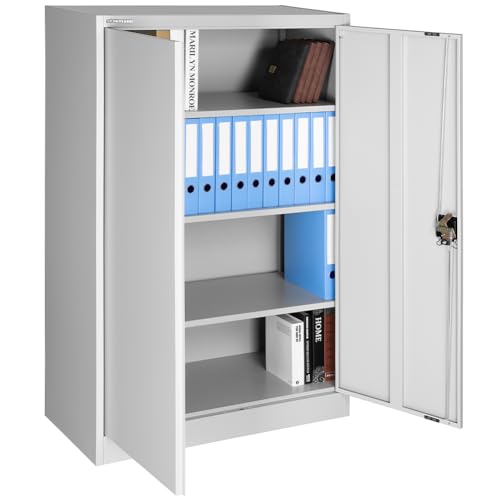 Armario de metal para oficina de 2 puertas con cerradura, armario con llaves gris multiusos, ideal para garaje, trabajo, mueble archivador archivador, estudio porta documentos (90 x 40 x 140 cm)