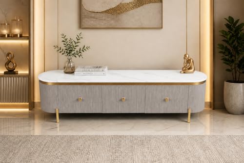 Image of Mazzo White Marble TV Unit Console | 70 inchx15 inchx18 inch | Golden Legs & Charcoal Louvers | Storage Drawers | Modern TV Stand Console Unit White Marble Top with Gold Accents, Storage (Gray)