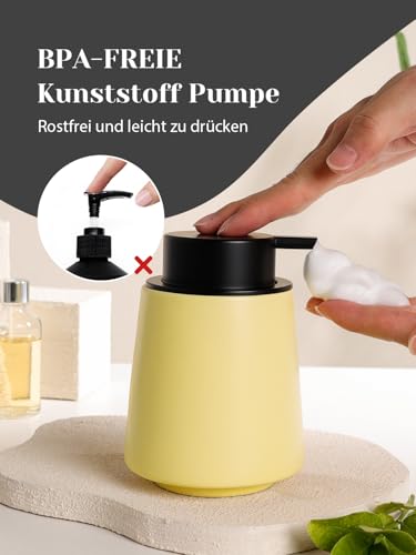 Autumnlife Seifenspender Keramik Schaumseifenspender, Gelb Spülmittelspender Küche mit Großer Pumpenkopf, Nachfüllbarer Schaumspender Matt Soap Dispenser für Küche, Bad - 400 ml 4