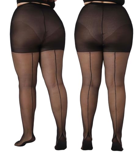 MERYLURE 2 Pairs Women's Plus Size Backseam 20D Sheer Tights, Control Top Pantyhose with Reinforced Toes