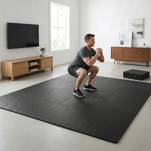 Image of BalanceFrom Puzzle Exercise Mat 3 /4 inch Thick, EVA Interlocking Foam Floor Tiles for Home Gym, Mat for Home Workout Equipment, Floor Padding for Kids, Black, 24 in x 24 in x 3 /4 in, 96 Sq Ft - 24 Tiles | Tiles for Home Gym, Mat for Home Workout Equipment, Floor Padding for Kids, Black, 24 in x 24 in x 3 /4 in, 96 Sq Ft-24 Tiles
