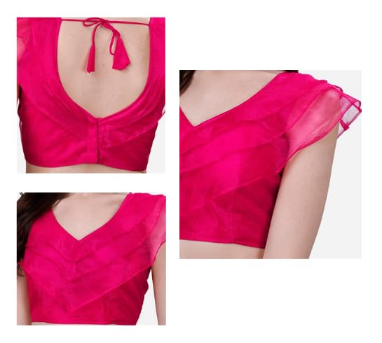 Image of Pujia Mills Women's V Neck Orgenza Three Layer Ruffle Sleeve Frill Readymade Saree Blouse