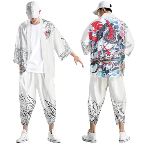 POIUIYQA Disfraz japonés de kimono haori para hombre Leisure Taoísta Túnica larga kimono cárdigan chaqueta tradicional estilo chino capa camisón traje de bata