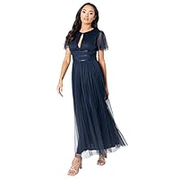 Anaya with Love Damen Ladies Midaxi Dress Women High Waist Keyhole Short Flutter Sleeve Crew Neckline for Wedding Guest Bridesmaids Prom Kleid, Navy Blue, 44