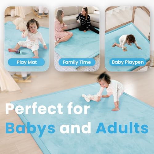 Image of 1.3 inch Thick Baby Play Mat for Floor Playpen, 50x50 Foam Tummy Time Mat, Padded Support Soft Plush Nursery Rug for Infant Kids Toddler Crawling Kick Activity (Ice Blue)