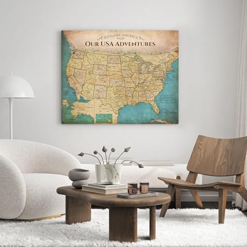 Image of DECORARTS - Large Push Pin Travel Map USA, US Maps for Wall, Antique Vintage Old United States Pin Board Canvas, Giclee Print, Handcrafted in USA, 35x28''