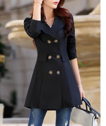 SOMTHRON Women's Double Breasted Trench Coat Lapel Puff Long Sleeve A Line Pleated Windbreaker Outerwear4