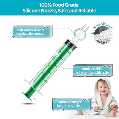 Image of Baby Nasal Aspirator, Nasal Syringe for Baby Syringe Nasal Irrigator with Professional Reusable Silicone Nasal Suction Tip Nose Cleaner for Irrigation Nasal Spray Nasal Hygiene (Green, 2 Pieces)