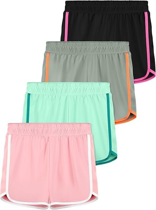Resinta4 Pack Youth Girls Athletic Shorts Quick Dry Active Shorts Big Girl Summer Sports Shorts for Running Dance Yoga
