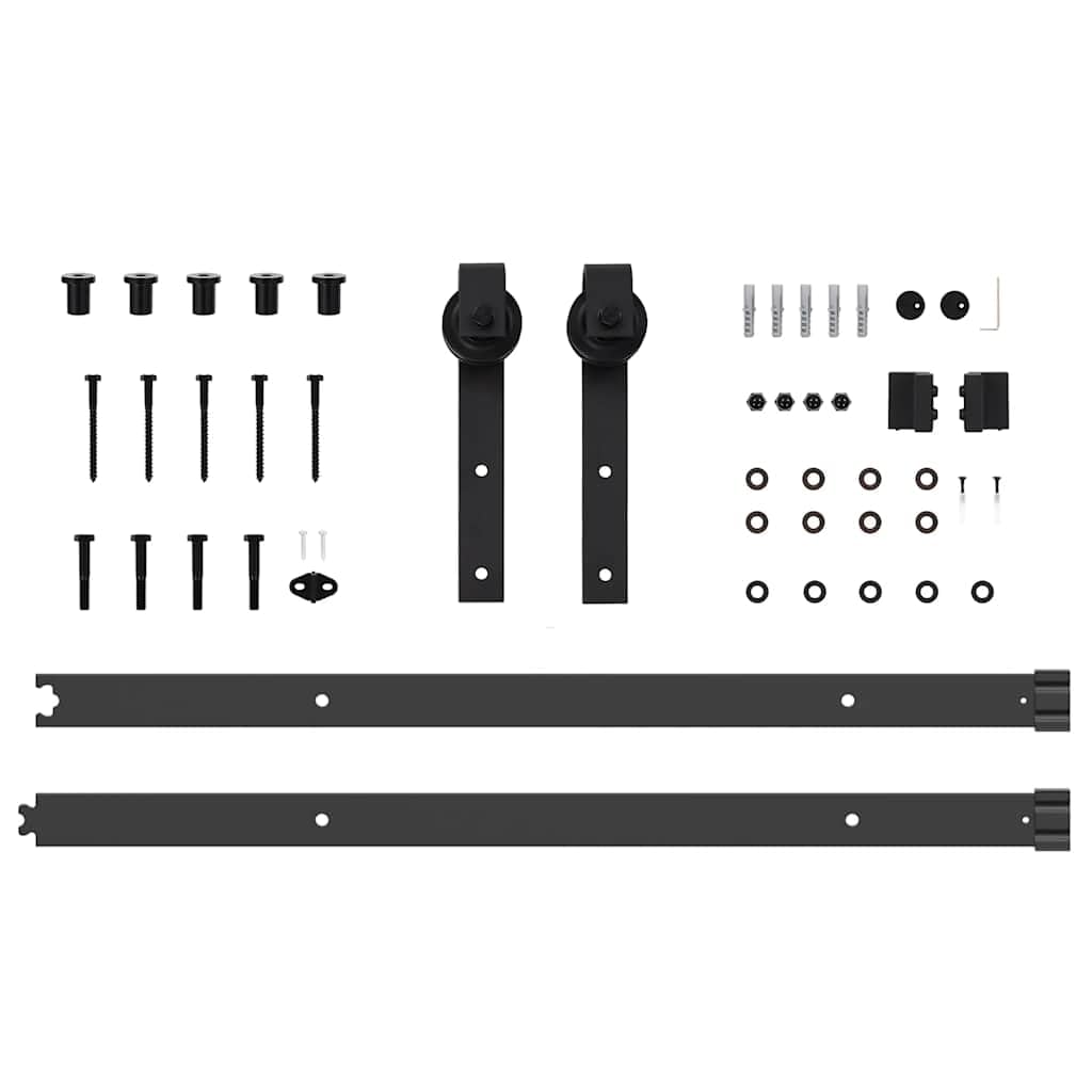 Juego de herrajes para puerta corredera de acero con recubrimiento en polvo negro de 152,5 cm de largo con tope para puerta, guía de suelo y ruedas para puerta de habitación, puerta principal