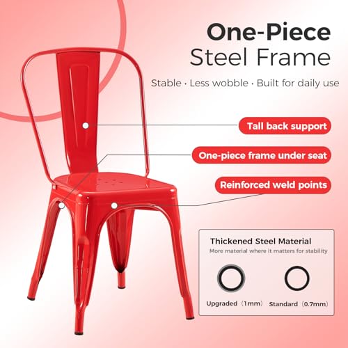 Image of Metal Dining Chairs with Backrest, Stackable, Red, 4 Pack | Easy Assembly, Non-Slip Feet, 330 lb Capacity, Kitchen, Restaurant, Cafe, Pub, Covered Patio