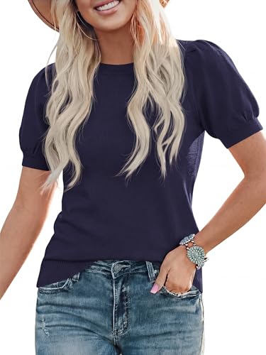 Image of PRETTYGARDEN Womens Sweaters Spring 2026 Summer Puff Short Sleeve Sweater Trendy Cute Knit Work Blouses Business Casual Tops