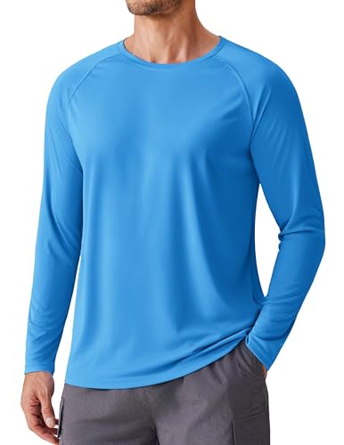PINSPARK Long Sleeve Swim Shirts for Men UPF 50 Lightweight Fishing Shirts Moisture Wicking Sun Protection Shirts for Men Solid Blue