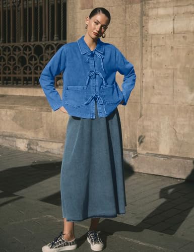 COZYPOIN Women's Tie Front Bow Denim Jacket Cropped Jean Shirts Lightweight Long Sleeve Spring Fall Y2K Top with Pockets2