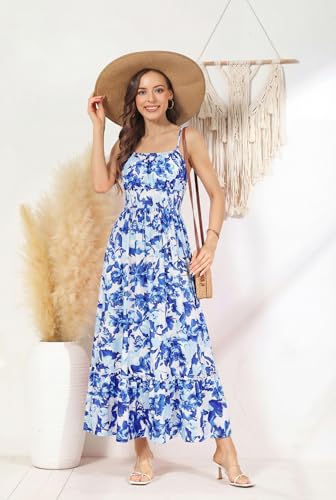 Image of GRACE KARIN Summer Dresses for Women 2026 Vacation,Smocked Floral Maxi Dress,Boho Beach Sundress with Pocket Fashion Clothing