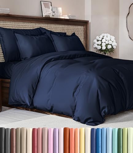 Duvet Cover Queen Size Set - Extra Soft Queen Duvet Cover 90' x 90' with 2 Pillow Shams - Hotel Luxury, Easy Care & Fade Free w/ Zipper Closures & Ties - All Season, Comfy and Breathable (Navy Blue)