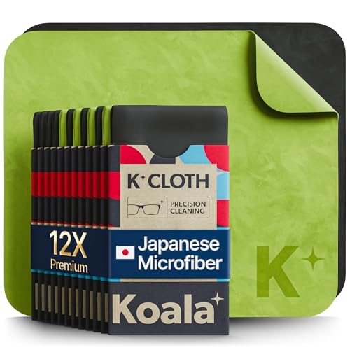 Image of Koala Lens Cleaning Cloth | Japanese Microfiber | Glasses Cleaning Cloths | Eyeglass Lens Cleaner | Cloth Cleaners for Camera Glass Lenses and Screen Cleaning | Black & Green (Pack of 12)