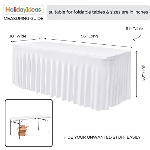 Image of HolidayIdeas White 8ft Spandex Wedding Tablecloth Fitted Stretch Table Skirts 30x96 Inch, Wrinkle-Free Floor Length Polyester Table Cover for Birthday Parties Engagement, Banquets, Events,4 Pack