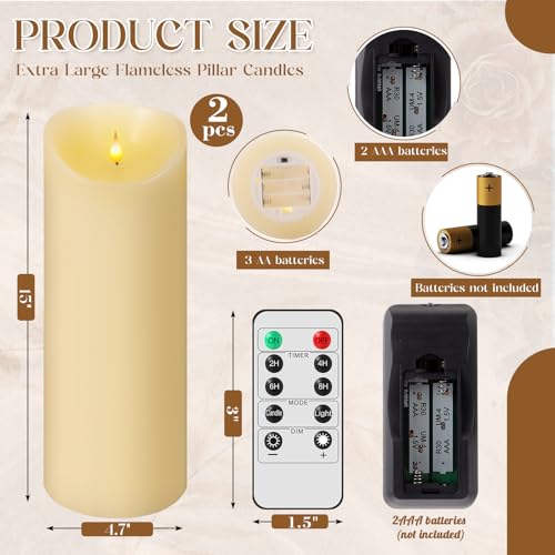 Image of Retisee 2 Pcs Extra Large Flameless Candles 4.7 x15 LED Candles with Remote and Timer, Realistic Battery Operated Candles Big Pillar Flameless Candle for Wedding Christmas Home Decor