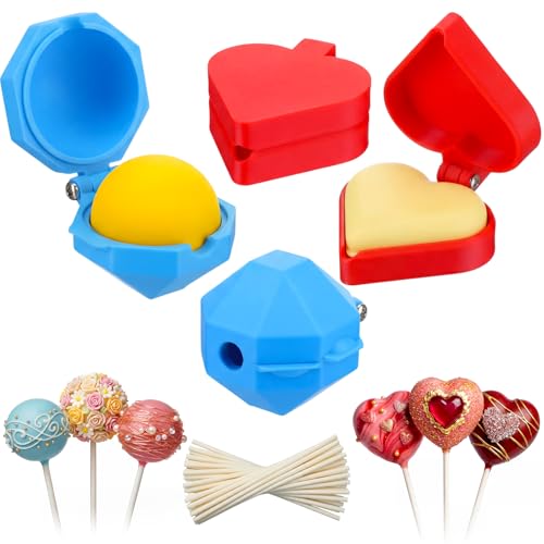 Yiyiring 2 Pcs Round and Heart Cake Pop Mold Press Set Sphere and Heart Cake Pop Cutter and Pusher with 52 Pcs Candy Sticks DIY Baking Tool Accessories for Home Baking Birthday Parties Wedding Dessert
