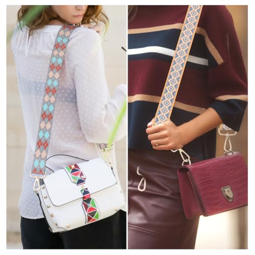 Image of 2 PCS Purse Strap,1.5 inch Wide Shoulder Strap Adjustable Replacement,Replacement Crossbody,Retro Multi pattern Crossbody Bag Straps for Handbag, Crossbody Bags, Shoulder Bags(lozenge pattern)