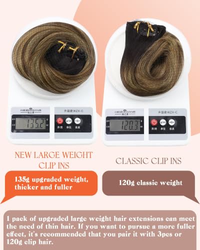 Image of Sunny Hair Clip in Hair Extensions Real Human Hair 18 Inch 135g Thick Remy Hair Clip in Extensions for Women Black Ombre Brown Balayage Caramel Blonde Human Hair Extensions Full Head