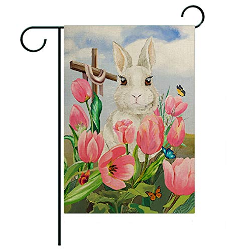 Oster-Gartenflaggen, doppelseitige Hasentulpen, vertikale Jute-Hausfahnen, Frühlings-Gartenflagge, rustikale Bauernhof, Outdoor-Dekoration Cover