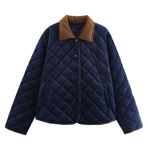 Houlengs Women's Navy Quilted Puffer Jacket: Cozy Long Sleeve Button-Down Coat with Pockets in Small Size