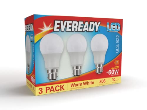 Eveready Bayonet Light Bulb 60w, B22 LED Bulbs Warm White 2700K, LED BC Energy Saver Bulb, 806 Lumen, Non-Dimmable, 3-Pack