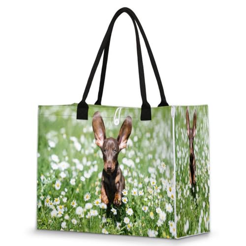 Handtasche mit Dackel-Motiv und Gänseblümchen, für Damen, Mädchen, Welpen, Hunde, große Kapazität, Schultertasche für Schule, Reisen, Arbeit, farbig, XX-Large
