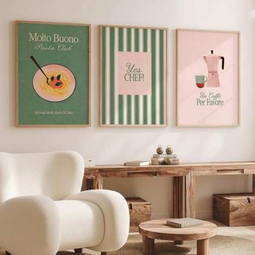 AMOSIJOY Lot De 3 Affiches Déco Cuisine, Impression Nourriture Rétro Vert Rose, Citation Italienne Vintage Sans Cadre Pour Cuisine, Salle À Manger Et Café (21x30cm(Sans cadre))