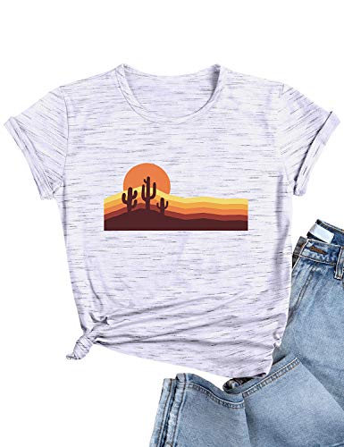 Nlife Women Desert Sunset Cactus Graphic Tees Novelty Vacation T-Shirts Tops