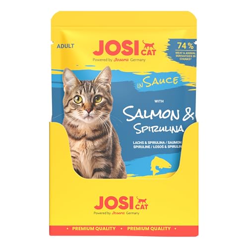JosiCat with Salmon in Sauce (28 x 85 g) | Adult | Premium Nassfutter für ausgewachsene Katzen | Mit feinem Lachs in Sauce | Ohne Zusatz- & Konservierungsstoffe | 28er Pack