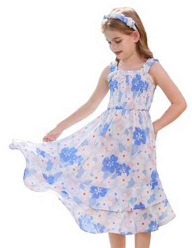 Image of GRACE KARIN Girls Floral Midi Dress Square Neck Wide Straps Smocked Summer Spring Flowy Dress Blue Flower 8-10 Years
