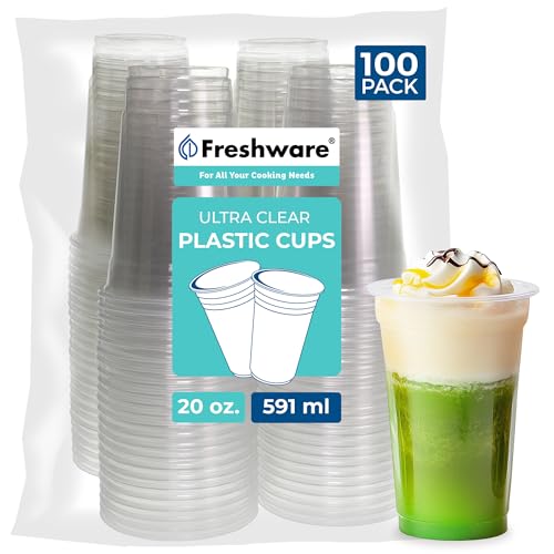 Freshware Clear Plastic Cups [100 Pack - 20 oz] Disposable Cups for Iced Coffee Smoothie Milkshake Cold Drinks